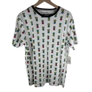 Free Planet Mens Pineapple Print Stretch Graphic Tee Size Large White Multicolor